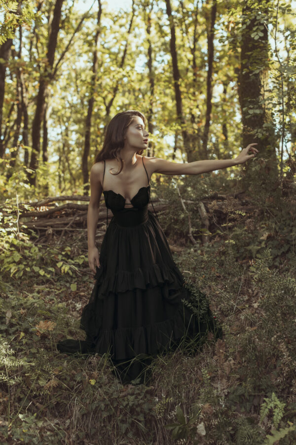 Black Long Layered Gown with Spaghetti Straps - Image 4