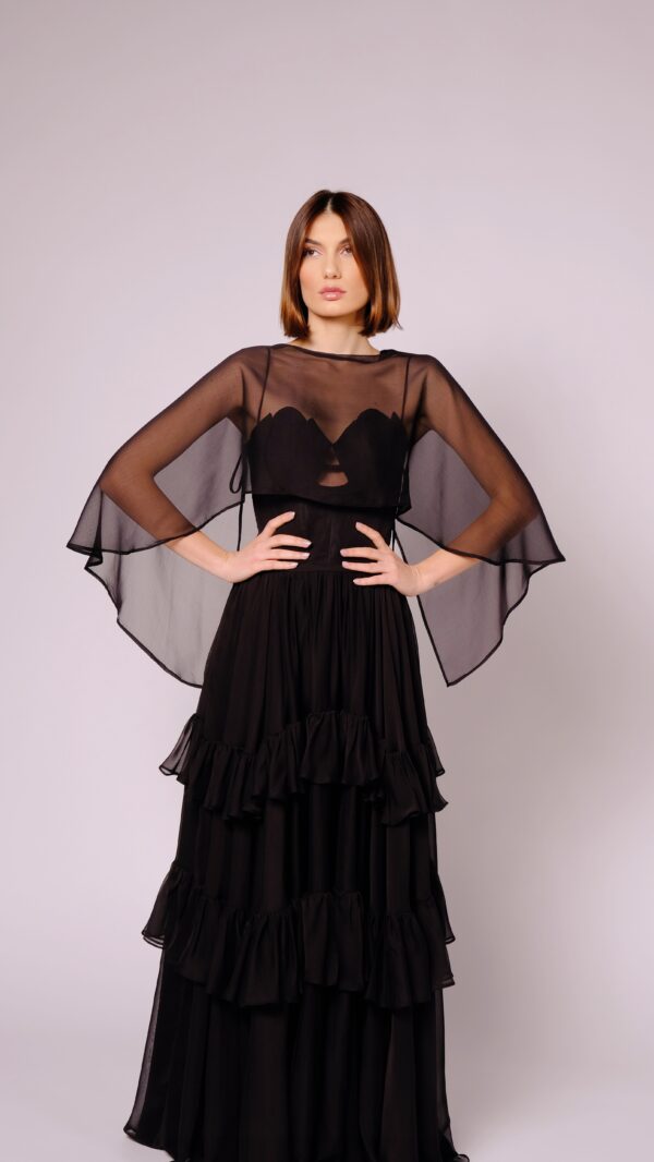 Black Long Layered Gown with Spaghetti Straps - Image 7