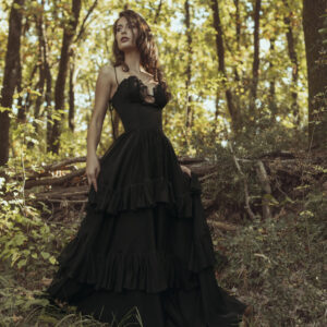 Black Long Layered Gown with Spaghetti Straps