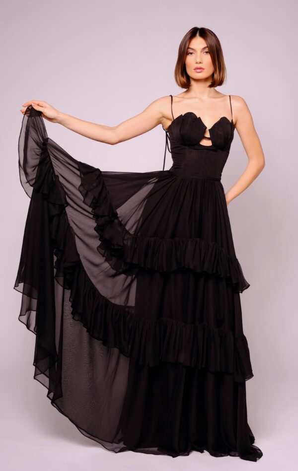 Black Long Layered Gown with Spaghetti Straps - Image 5