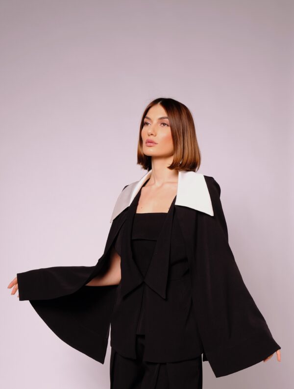 Women's Black Cape Tailored Jacket with White Satin Collar - Image 3