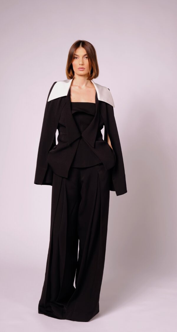 Women's Black Cape Tailored Jacket with White Satin Collar - Image 4