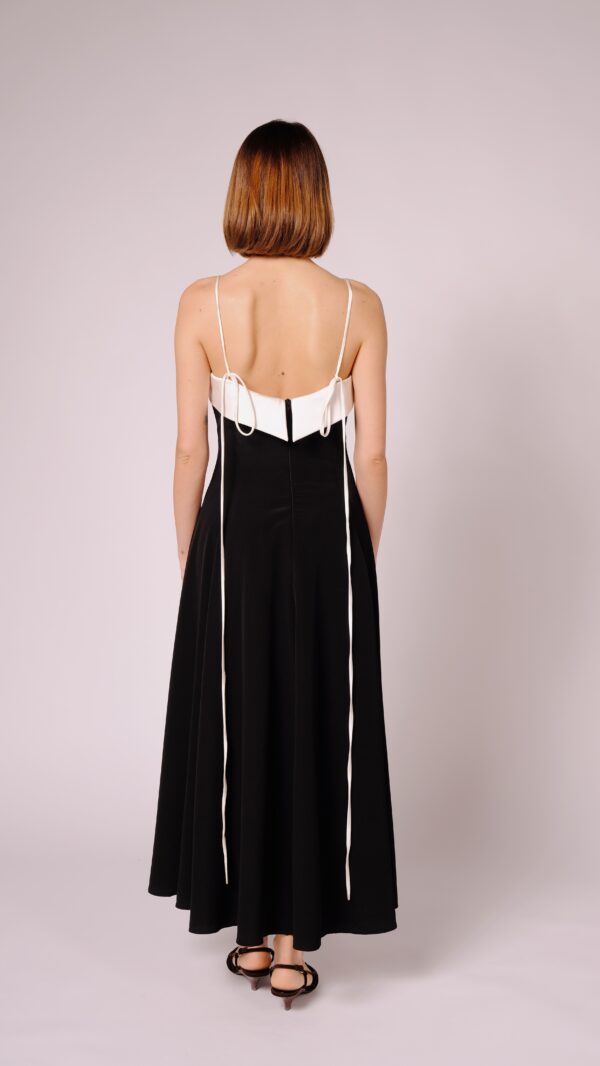 Long Black Gown with White Top Trim and White Shoulder Overlay Cape - Image 5