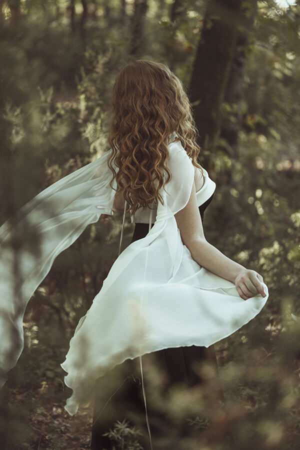 Long Black Gown with White Top Trim and White Shoulder Overlay Cape - Image 3