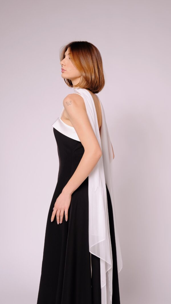 Long Black Gown with White Top Trim and White Shoulder Overlay Cape - Image 7