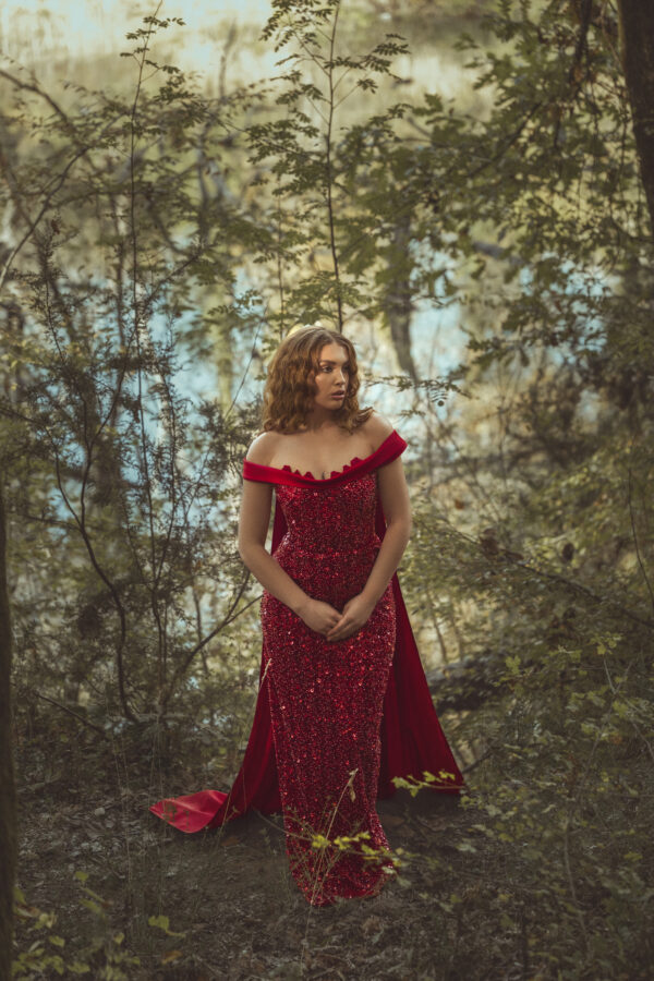 Long Red Sequin Dress with Long Red Cape - Image 3