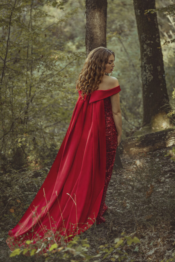 Long Red Sequin Dress with Long Red Cape