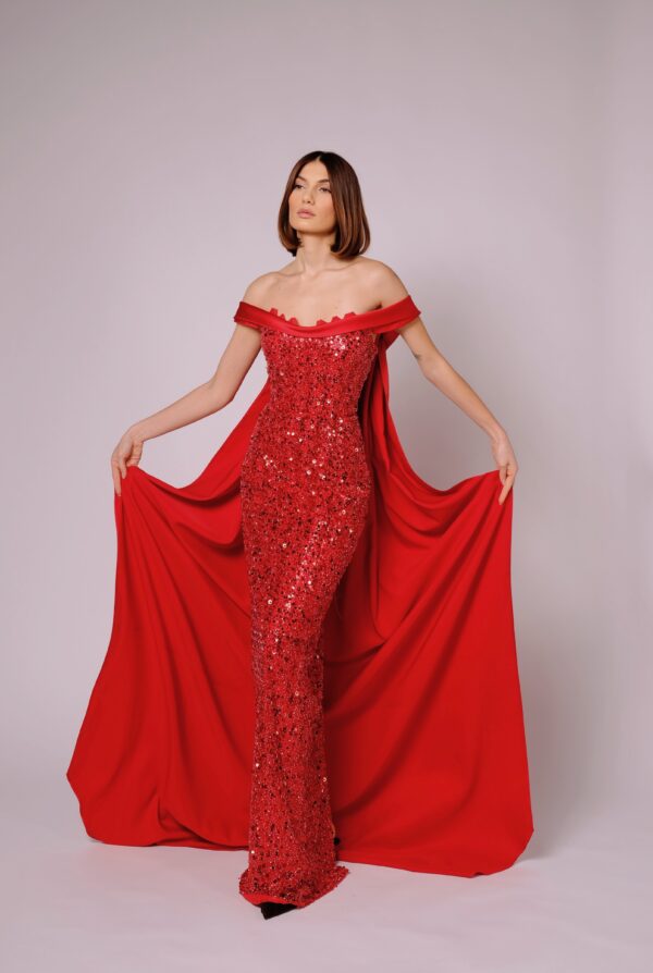 Long Red Sequin Dress with Long Red Cape - Image 5