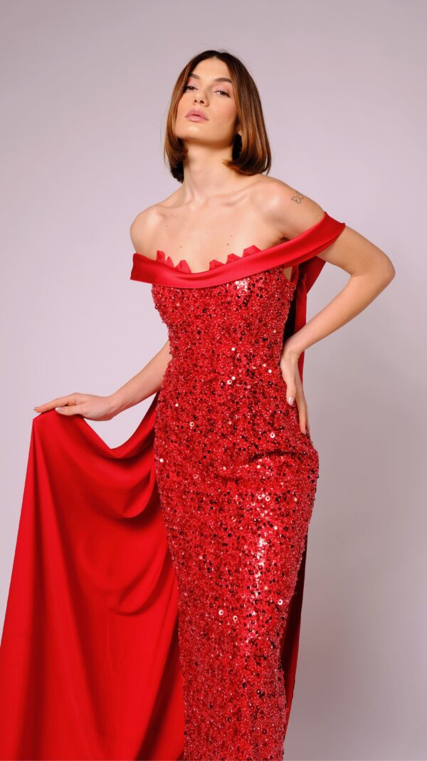 Long Red Sequin Dress with Long Red Cape - Image 6