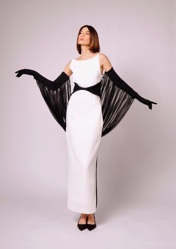 Long White Dress with Black Accents Around the Waist - Image 6