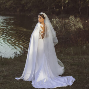 Long White Wedding Dress with Veil and Flower Details