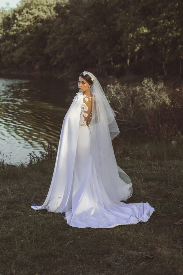 Long White Wedding Dress with Veil and Flower Details