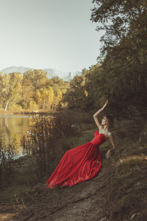 Red Long Strapless Ball Gown with a Variation with a Shoulder Cover