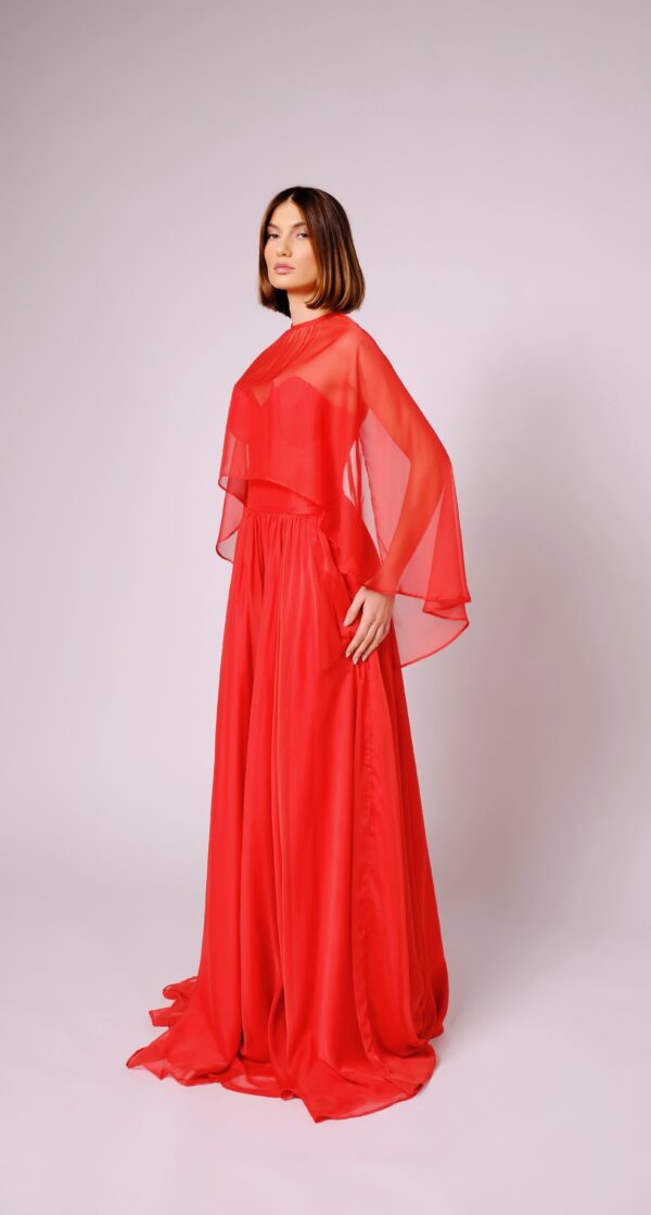 Red Long Strapless Ball Gown with a Variation with a Shoulder Cover - Image 5