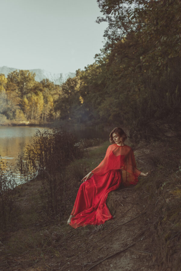 Red Long Strapless Ball Gown with a Variation with a Shoulder Cover - Image 2