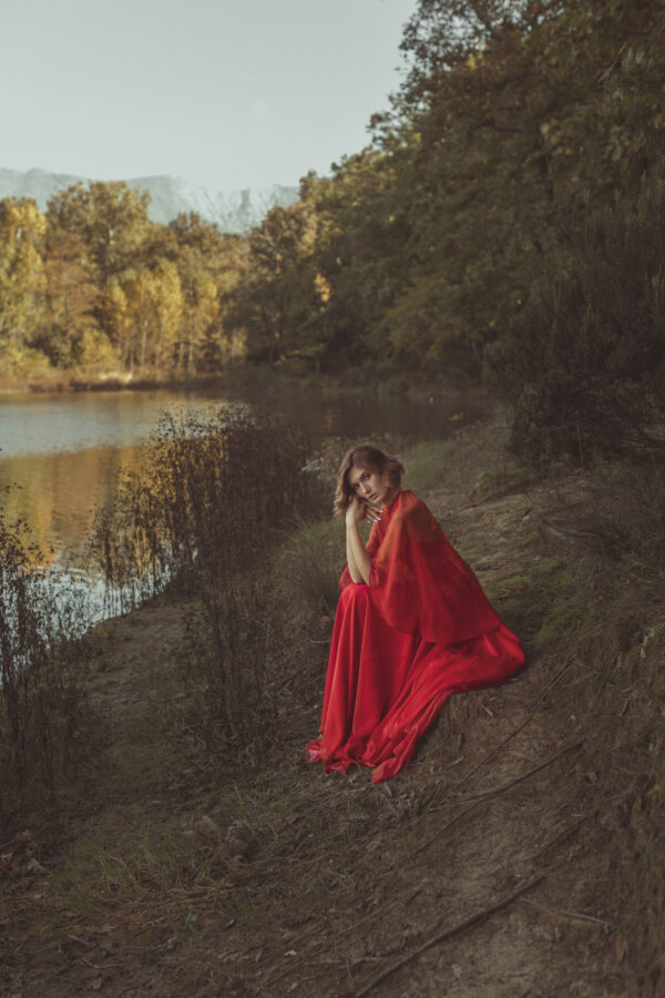 Red Long Strapless Ball Gown with a Variation with a Shoulder Cover - Image 3