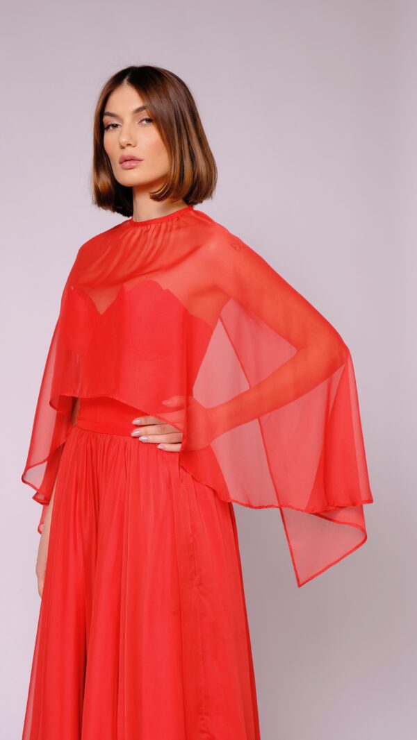 Red Long Strapless Ball Gown with a Variation with a Shoulder Cover - Image 6