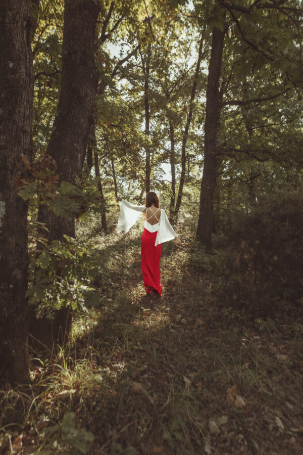 Red and White Long Dress with White Cover on the Shoulders - Image 2