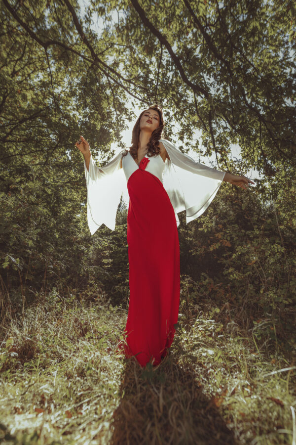 Red and White Long Dress with White Cover on the Shoulders - Image 4