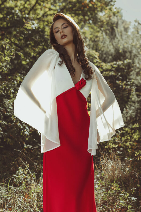 Red and White Long Dress with White Cover on the Shoulders - Image 3