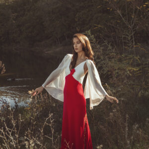 Red and White Long Dress with White Cover on the Shoulders