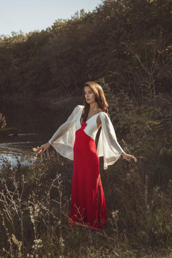 Red and White Long Dress with White Cover on the Shoulders