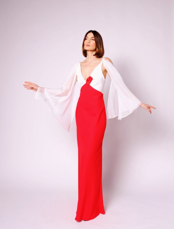 Red and White Long Dress with White Cover on the Shoulders - Image 8