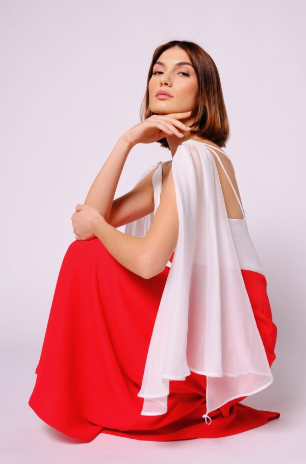 Red and White Long Dress with White Cover on the Shoulders - Image 7