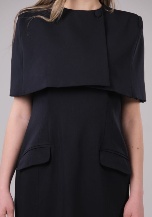 Navy Tailored Midi Dress with Eye Neckline and Matching Tailored Cape