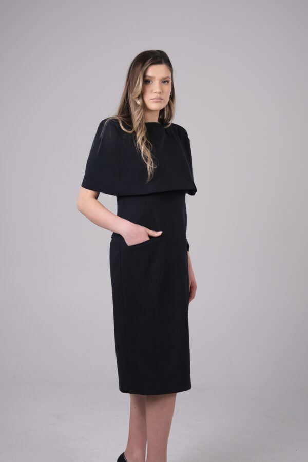 Navy Tailored Midi Dress with Eye Neckline and Matching Tailored Cape - Image 5