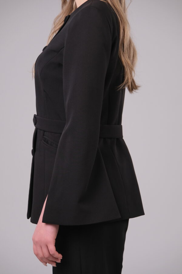 Tailored Black Double-Breasted Jacket with Cape-Like Slit Sleeves and Matching Pants - Image 3