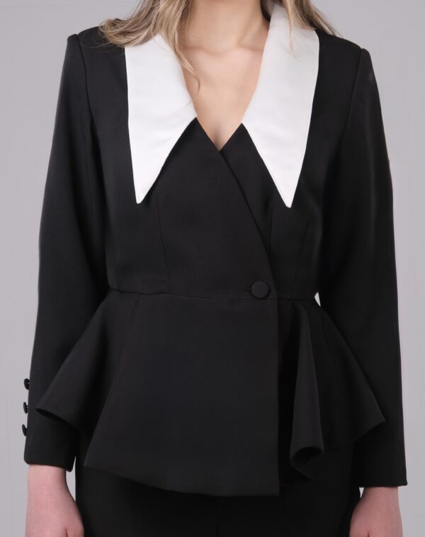 Tailored Black Flared Waist Jacket with Detachable Satin Collar and Matching Pants