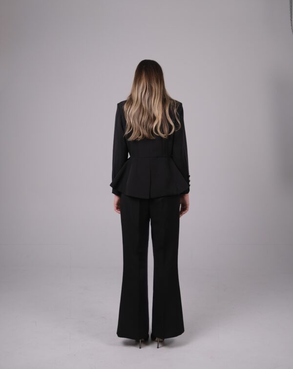 Tailored Black Flared Waist Jacket with Detachable Satin Collar and Matching Pants - Image 6