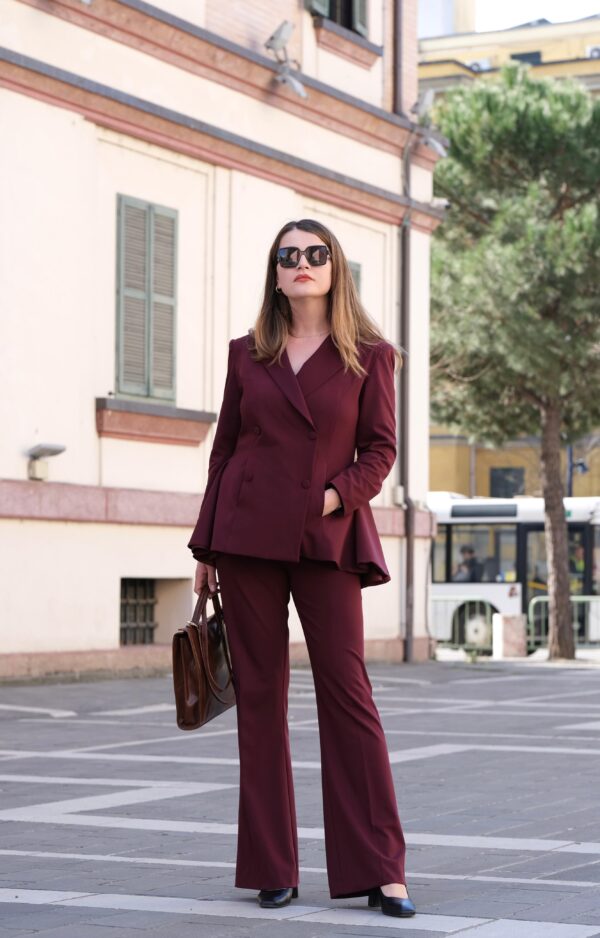 Tailored Burgundy Double-Breasted Jacket with Flared Waist and Matching Pants - Image 6