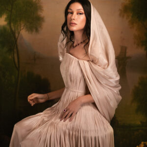 Moonlit Champagne Plissé Midi Gown with Detachable Veil