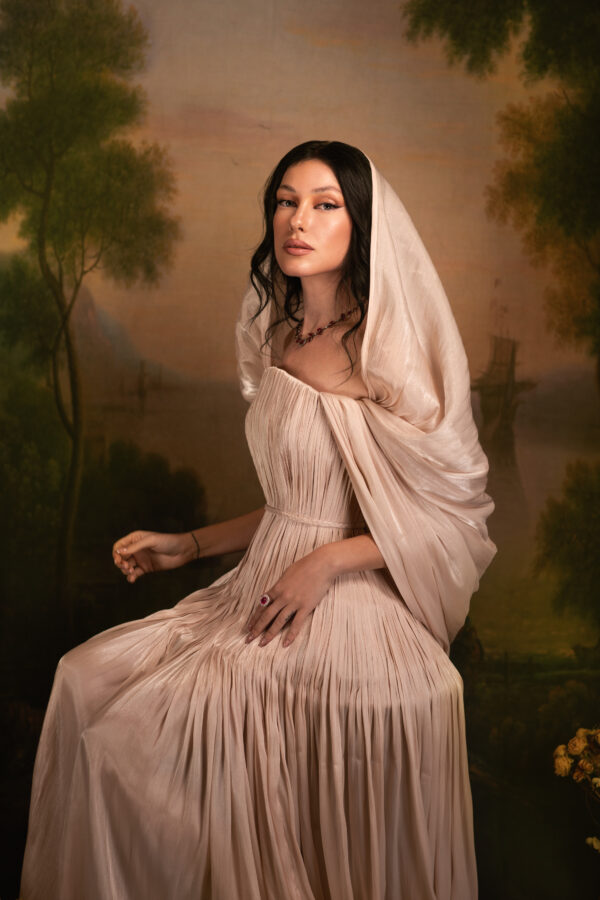 Moonlit Champagne Plissé Midi Gown with Detachable Veil