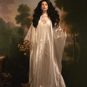 ORA Silk Satin Slip Gown with Organza Cape