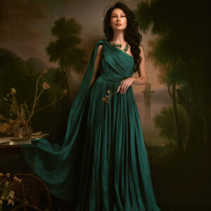 ORA Verdant Plissé Gown with Draped Cape Sleeve