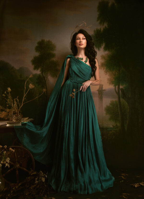 ORA Verdant Plissé Gown with Draped Cape Sleeve